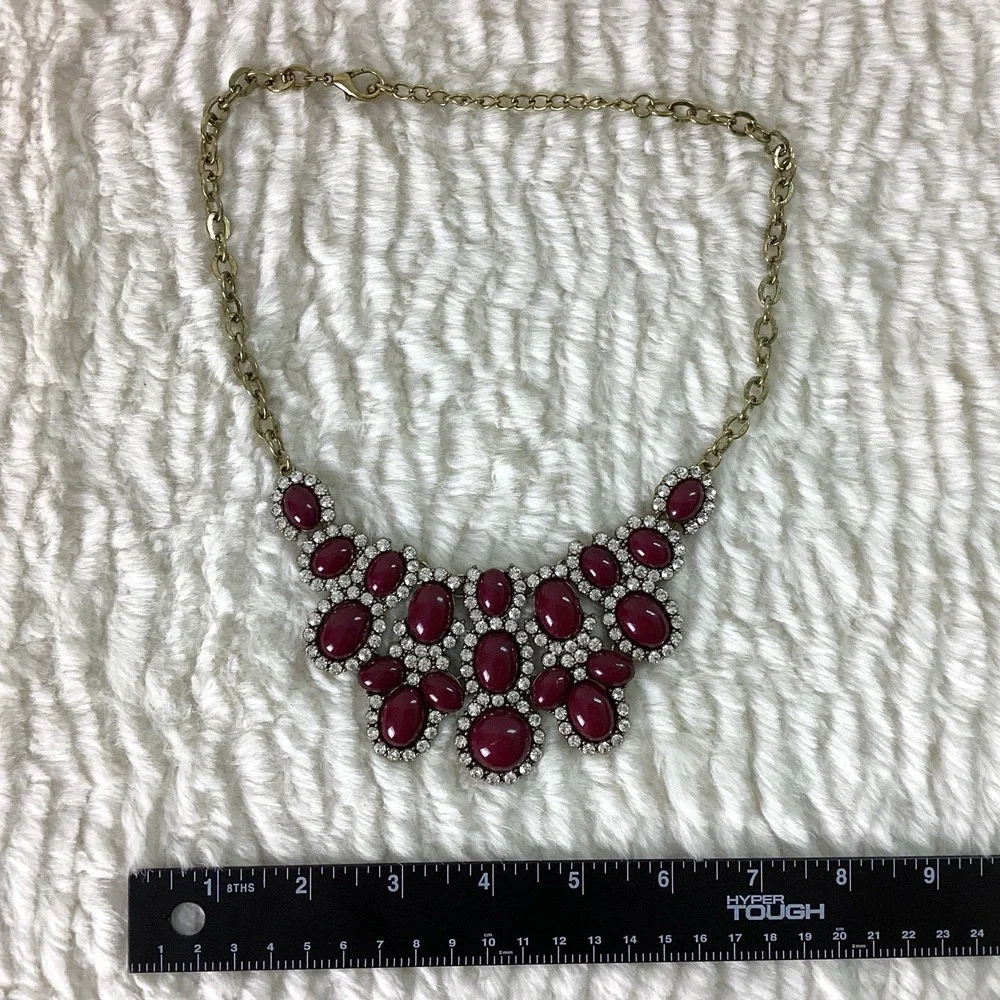 Vintage Burgundy Red Stone Diamonds Statement Necklace Costume Bling Glam Gold